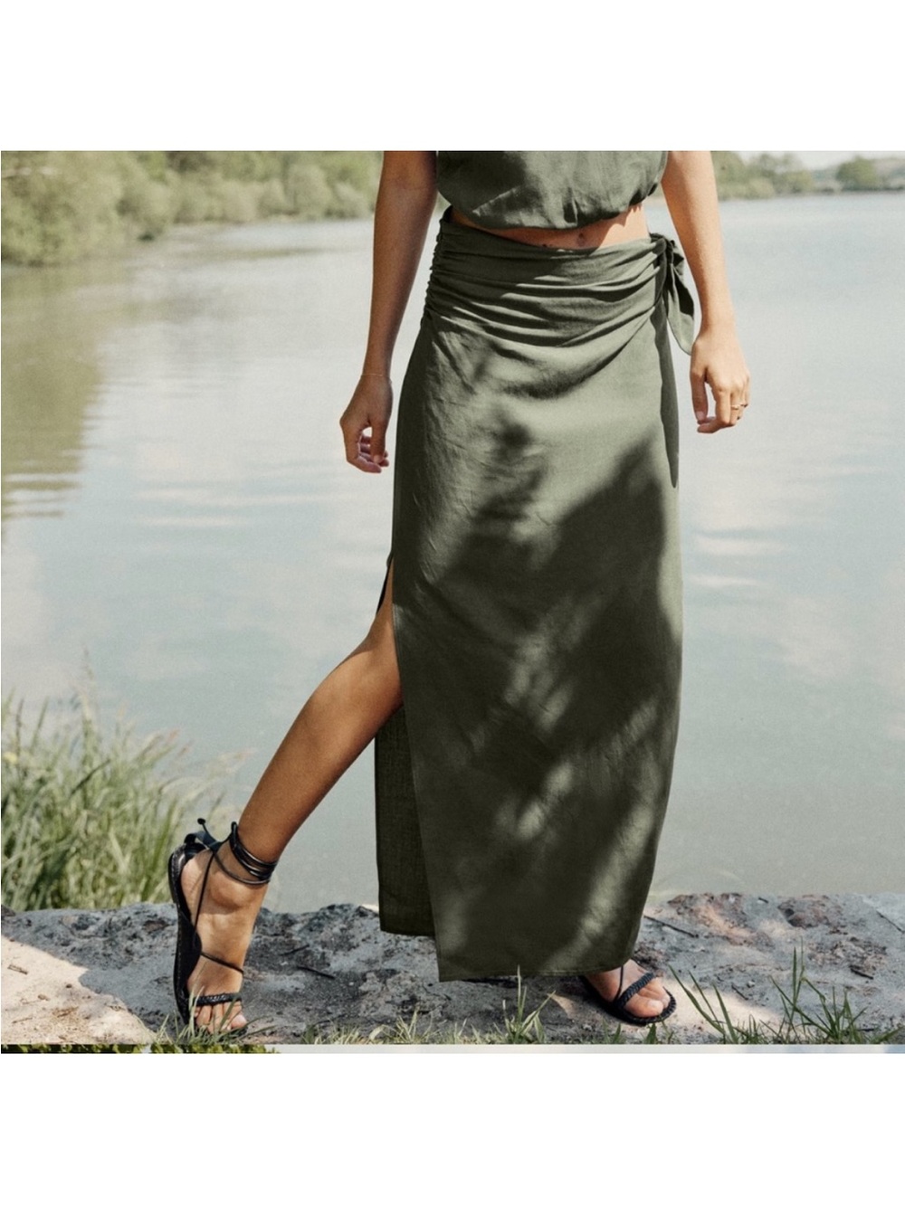 Zara Olive Wrap Maxi Skirt with Side Tie